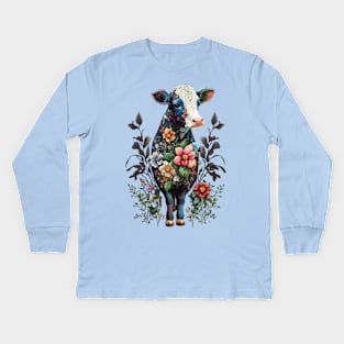 Cute Floral Cow Heifer Animal Lover Dairy Farming Farmer Kids Long Sleeve T-Shirt